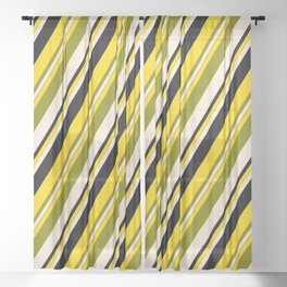 [ Thumbnail: Yellow, Green, Beige, and Black Colored Lines/Stripes Pattern Sheer Curtain ]