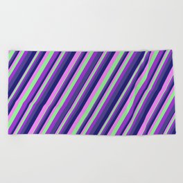 [ Thumbnail: Colorful Light Green, Dark Orchid, Dark Slate Blue, Midnight Blue, Violet Colored Striped Pattern Beach Towel ]