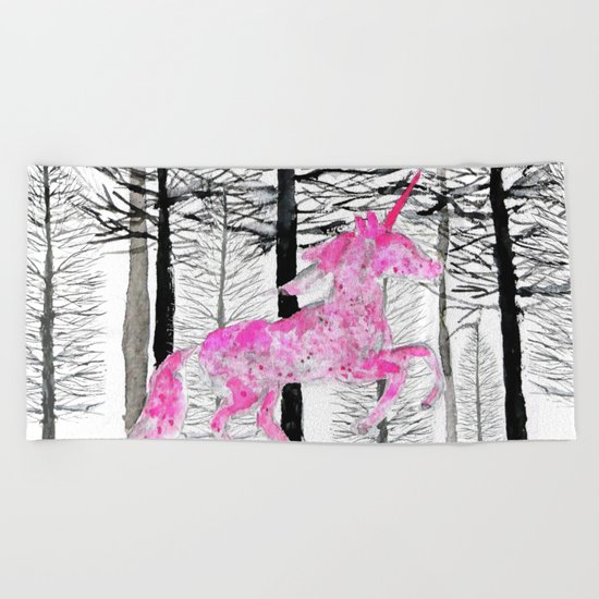 Pink unicorn in the wood Beach Towel
