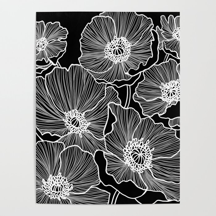 Black and White Poppies Poster
