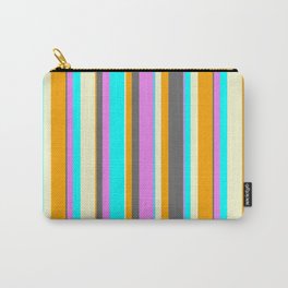 [ Thumbnail: Eye-catching Orange, Dim Grey, Violet, Cyan & Light Yellow Colored Pattern of Stripes Carry-All Pouch ]