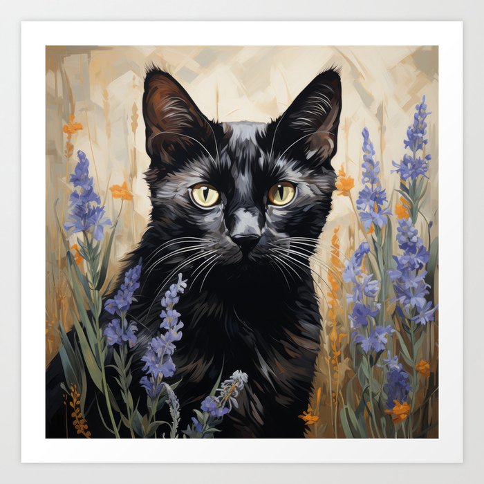 Black Cat and Flowers inspired by Vincent van Gogh Art Print