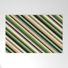 [ Thumbnail: Eye-catching Gray, Light Yellow, Light Salmon, Forest Green & Black Colored Striped Pattern Welcome Mat ]