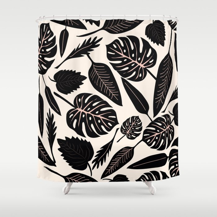 Monstera leaves Black and beige Shower Curtain by Anis Illustration