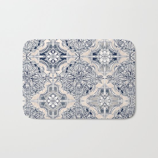 Brush and Ink Watercolor Pattern in Indigo and Cream Bath Mat