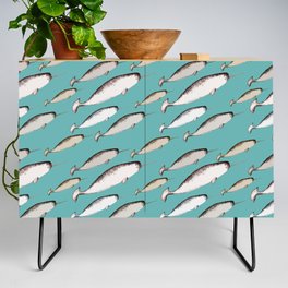 Narwhals - Narwhal Whale Pattern Watercolor Illustration Teal Blue Credenza
