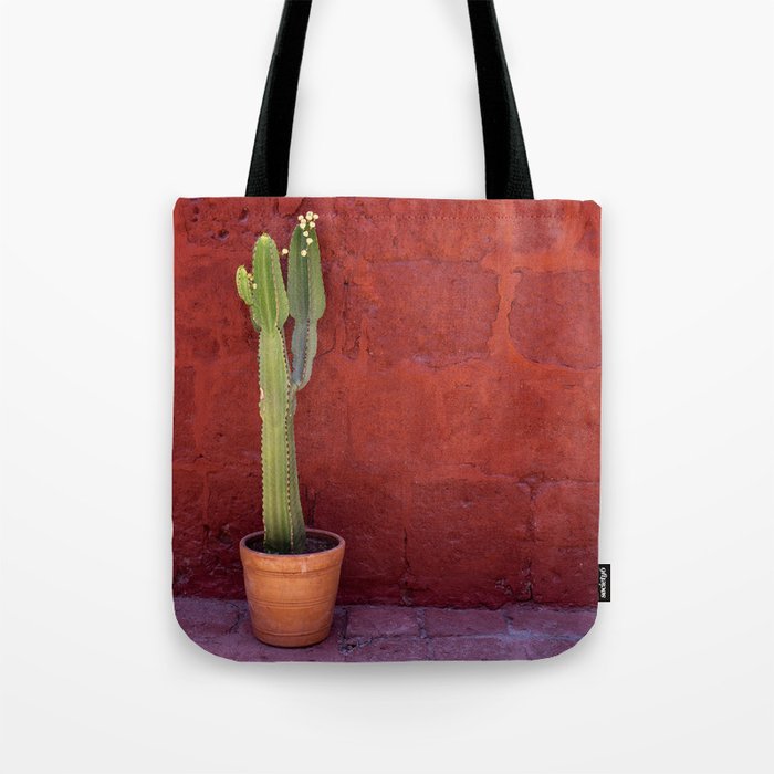 Mexico Photography - Small Cactus In Front Of A Red Brick Wall Tote Bag