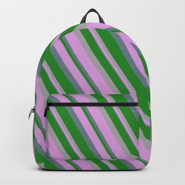 [ Thumbnail: Forest Green, Dark Gray, Plum, and Slate Gray Colored Stripes/Lines Pattern Backpack ]