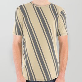 [ Thumbnail: Tan and Dim Grey Colored Striped Pattern All Over Graphic Tee ]