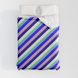 [ Thumbnail: Eyecatching Aquamarine, Blue, Plum, Dark Blue, and White Colored Lines Pattern Duvet Cover ]