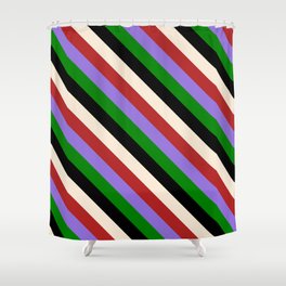 [ Thumbnail: Beige, Red, Purple, Green & Black Colored Lined Pattern Shower Curtain ]