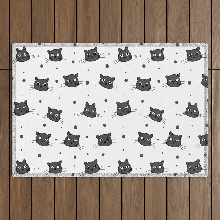 Cute cat faces and dots pattern in grey and white Outdoor Rug