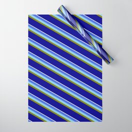 [ Thumbnail: Vibrant Royal Blue, Sky Blue, Green, Dark Blue, and White Colored Striped/Lined Pattern Wrapping Paper ]