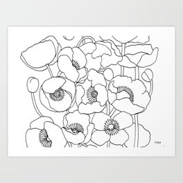 Elegant poppy blooming flowers black and white drawing handdrawn designs  Art Print | Gardenflorals, Bloomingpoppy, Simple, Ink Pen, Flowerart, Beautifullineart, Drawing, Handdrawnlines, Bigpetals, Pattern 