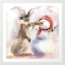 Snowman and Rabbit Painting Art Print