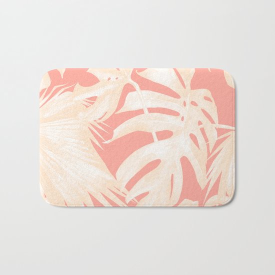 Tropical Coral Pink Palm Leaf Pattern Bath Mat