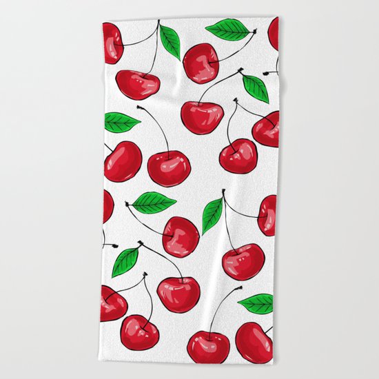 Seamless pattern design with fresh red cherries Beach Towel