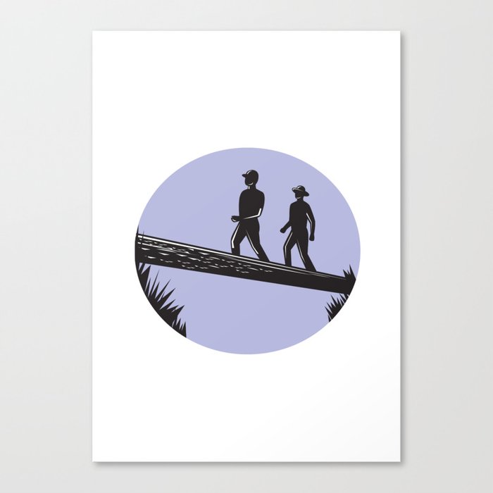 Hikers Crossing Single Log Bridge Oval Woodcut Canvas Print
