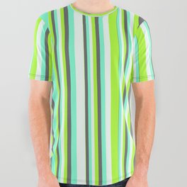 [ Thumbnail: Light Green, Dim Grey, Aquamarine, and Mint Cream Colored Stripes Pattern All Over Graphic Tee ]