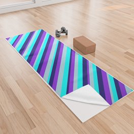 [ Thumbnail: Midnight Blue, Aqua, Light Blue, and Purple Colored Lined/Striped Pattern Yoga Towel ]