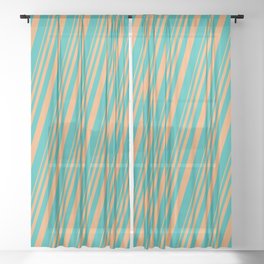 [ Thumbnail: Brown & Light Sea Green Colored Lines/Stripes Pattern Sheer Curtain ]