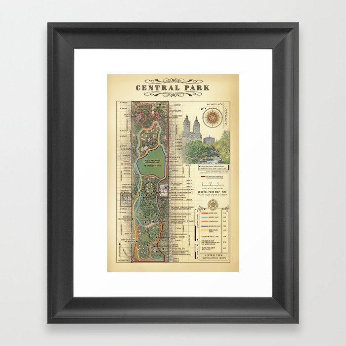 NYC's Central Park [Vintage Inspired] "San Remo" Running route map Framed Art Print