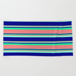 [ Thumbnail: Aquamarine, Dark Blue, Green & Light Coral Colored Stripes Pattern Beach Towel ]