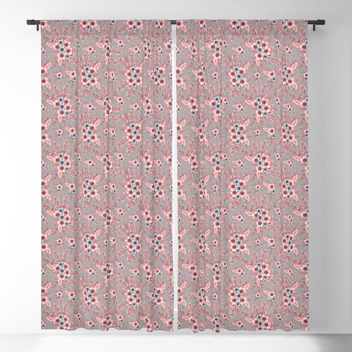 Monochrome anemone flowers and butterflies on a gray background - floral print Blackout Curtain