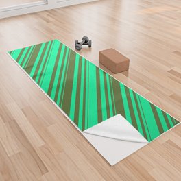 [ Thumbnail: Dark Olive Green and Green Colored Lines Pattern Yoga Towel ]