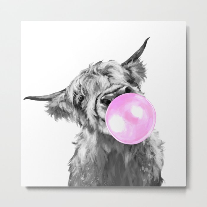 Bubble Gum Highland Cow Black and White Metal Print
