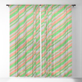 [ Thumbnail: Coral, Lime Green, and Grey Colored Striped Pattern Sheer Curtain ]