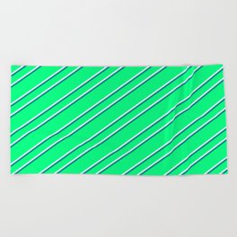 [ Thumbnail: Green, Light Cyan, and Teal Colored Striped/Lined Pattern Beach Towel ]