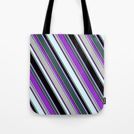 [ Thumbnail: Dark Orchid, Light Cyan, Dark Slate Gray, Grey, and Black Colored Lines Pattern Tote Bag ]