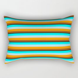 [ Thumbnail: Eyecatching Cyan, Powder Blue, Dark Orange, Brown, and Black Colored Striped Pattern Rectangular Pillow ]