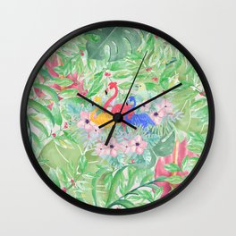 Tropical green pink watercolor colorful flamingo floral Wall Clock