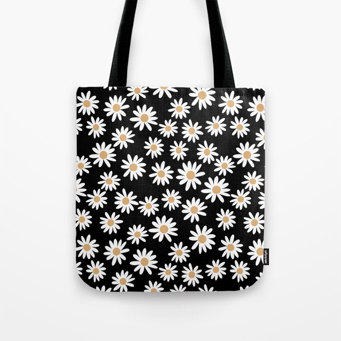 Daisies - daisy floral repeat, daisy flowers, 70s, retro, black, daisy floral Tote Bag