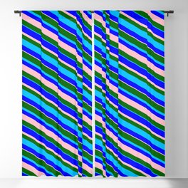 [ Thumbnail: Dark Green, Deep Sky Blue, Blue & Pink Colored Stripes/Lines Pattern Blackout Curtain ]