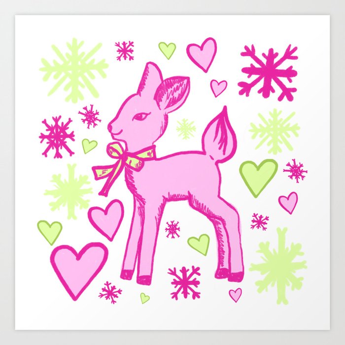 Cute Fawn with Hearts and Snowflakes Art Print