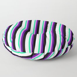 [ Thumbnail: Vibrant Green, Violet, Indigo, Black, and White Colored Striped/Lined Pattern Floor Pillow ]