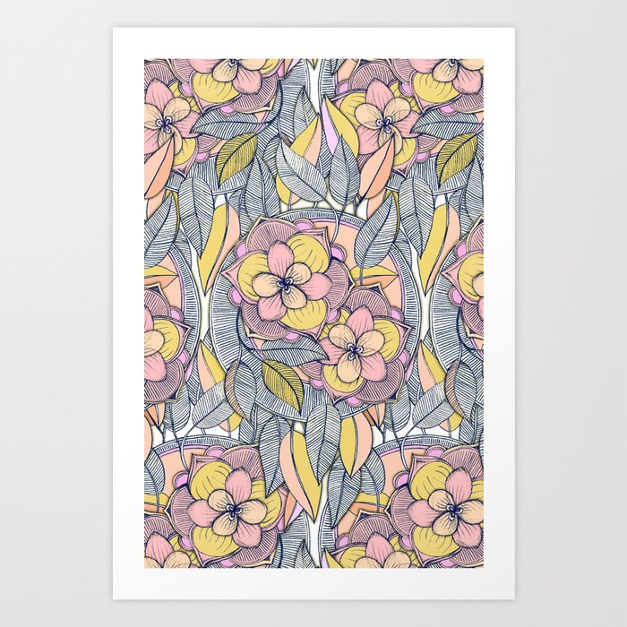 Pink and Peach Linework Floral Pattern Art Print