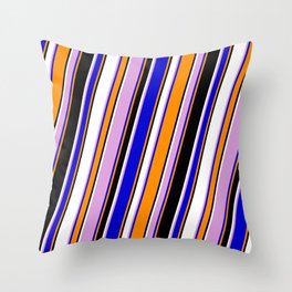 [ Thumbnail: Eye-catching Plum, Blue, Dark Orange, Black & White Colored Stripes/Lines Pattern Throw Pillow ]