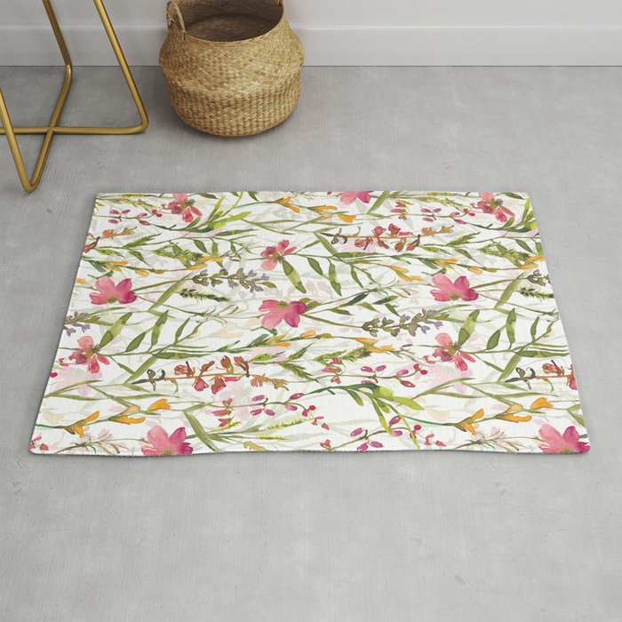 Hand Painted Blush And Pink Watercolor Midsummer Wildflowers Meadow Rug