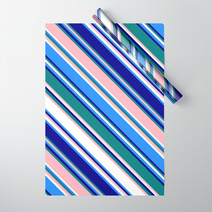 Colorful Blue, Dark Blue, Teal, Light Pink, and White Colored Lines Pattern Wrapping Paper