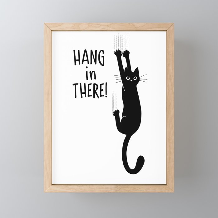 Hang in There! Funny Black Cat Hanging On Framed Mini Art Print