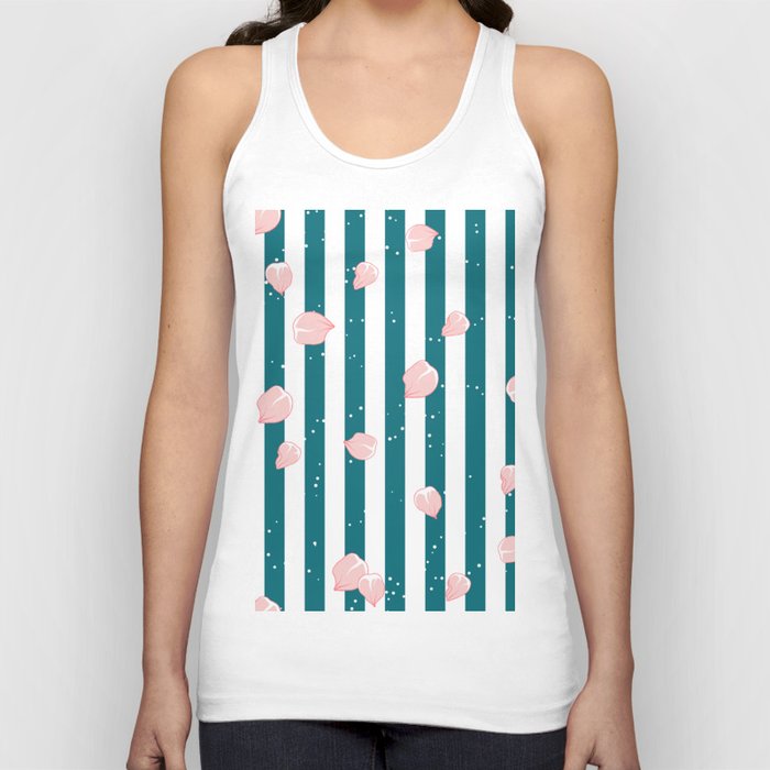Japanese Cherry Blossom Leaves on Harbor Blue and White Striped Tank Top