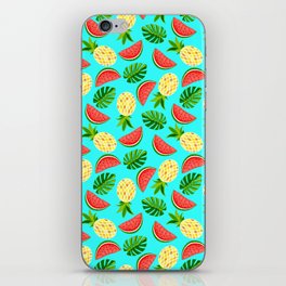 Bright slices of watermelon and pineapple with monstera leaves iPhone Skin