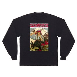 Gipsy Girl With Black Bird By Alfonse Mucha - Vintage Illustration Long Sleeve T-shirt
