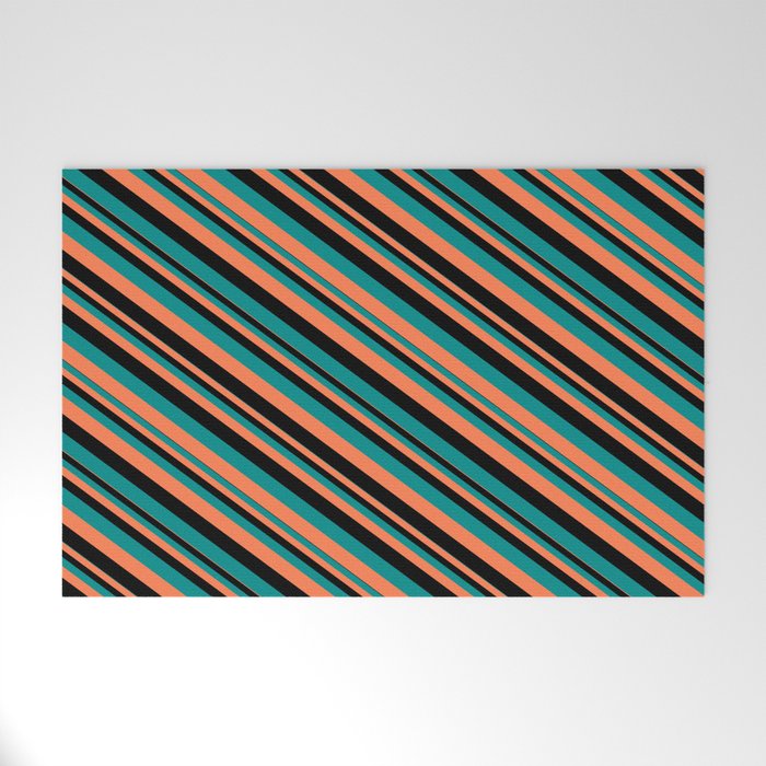Black, Dark Cyan & Coral Colored Striped Pattern Welcome Mat