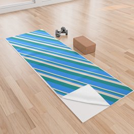 [ Thumbnail: Beige, Dark Cyan, and Blue Colored Lined Pattern Yoga Towel ]