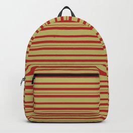 [ Thumbnail: Dark Khaki and Red Colored Stripes Pattern Backpack ]
